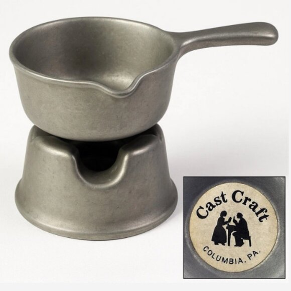 Rare Vintage Cast Craft Pewter Butter & Oil Warmer 2-Piece 5
